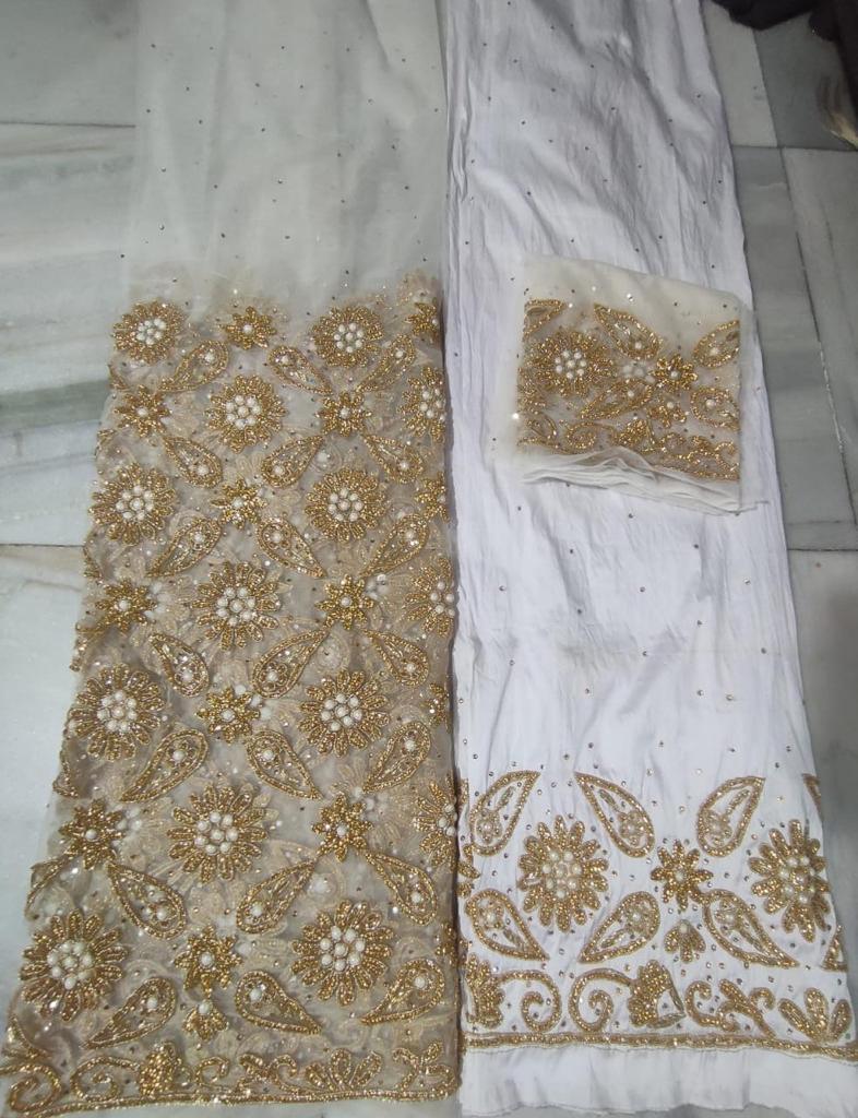 White and Gold Heavy Beaded Bridal George with Blouse fabric (3 Pieces)