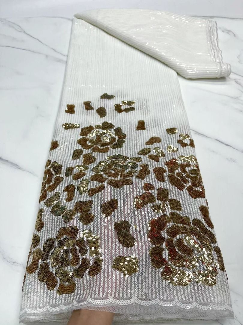 White and Gold Sequins French Lace - 5 Yards