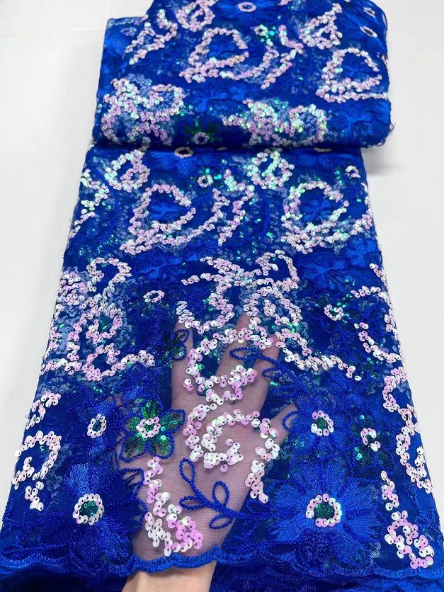 Royal Blue French Lace with Pink Sequins
