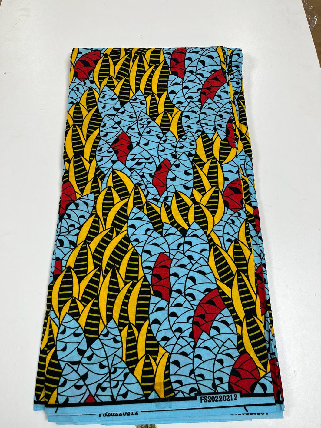 Light Blue, Yellow, Red Ankara Print - 6 Yards