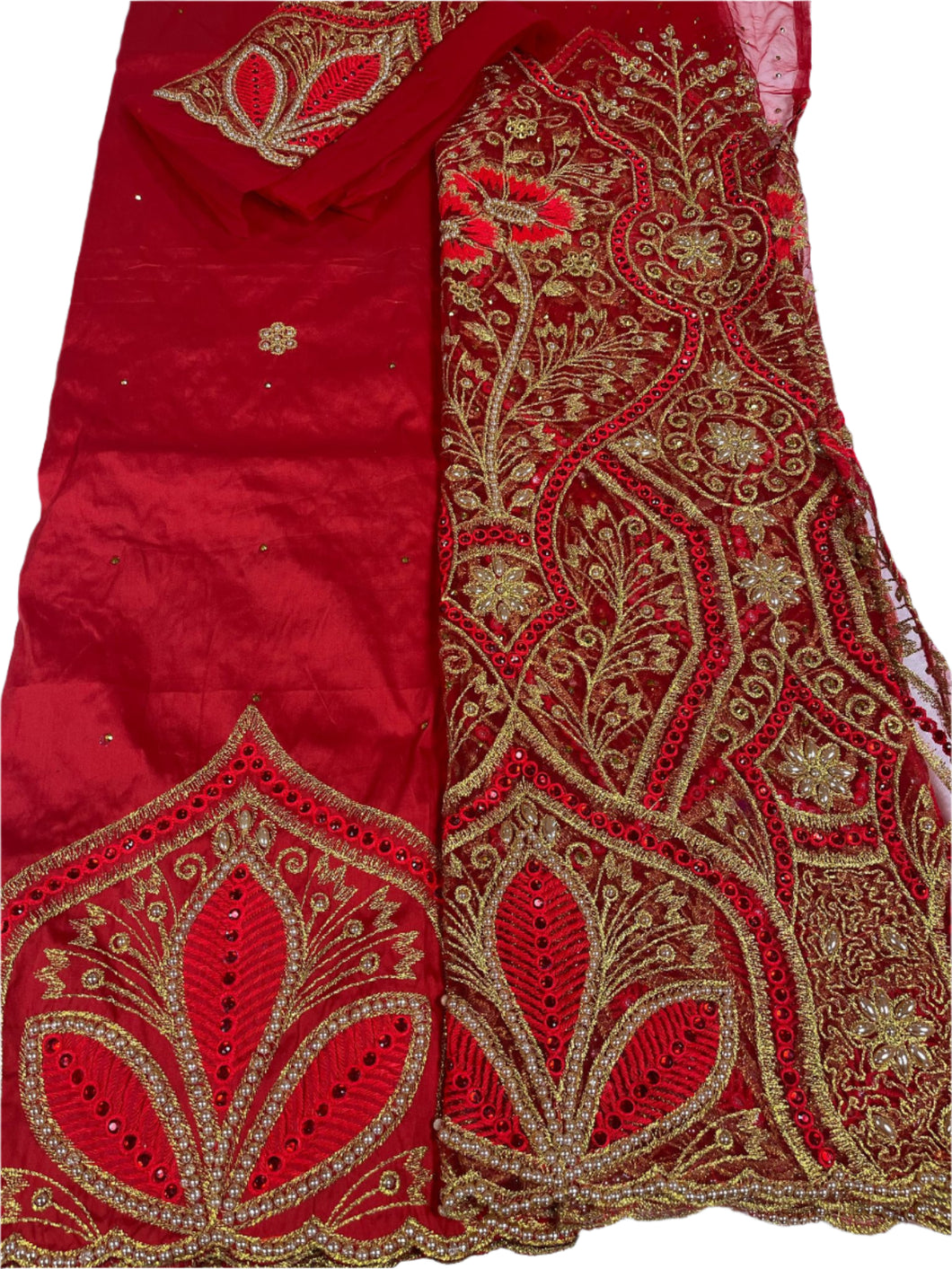 Red and Gold Net George with Blouse Fabric (3 Piece)