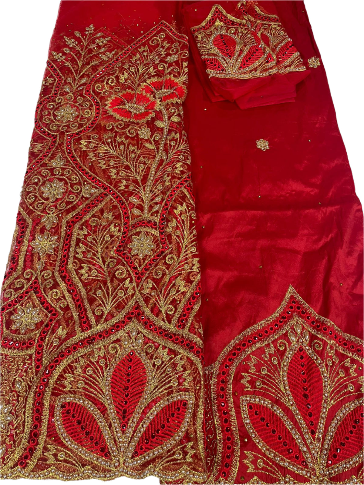 Red Beaded Net George with Blouse Fabric (3 Piece)