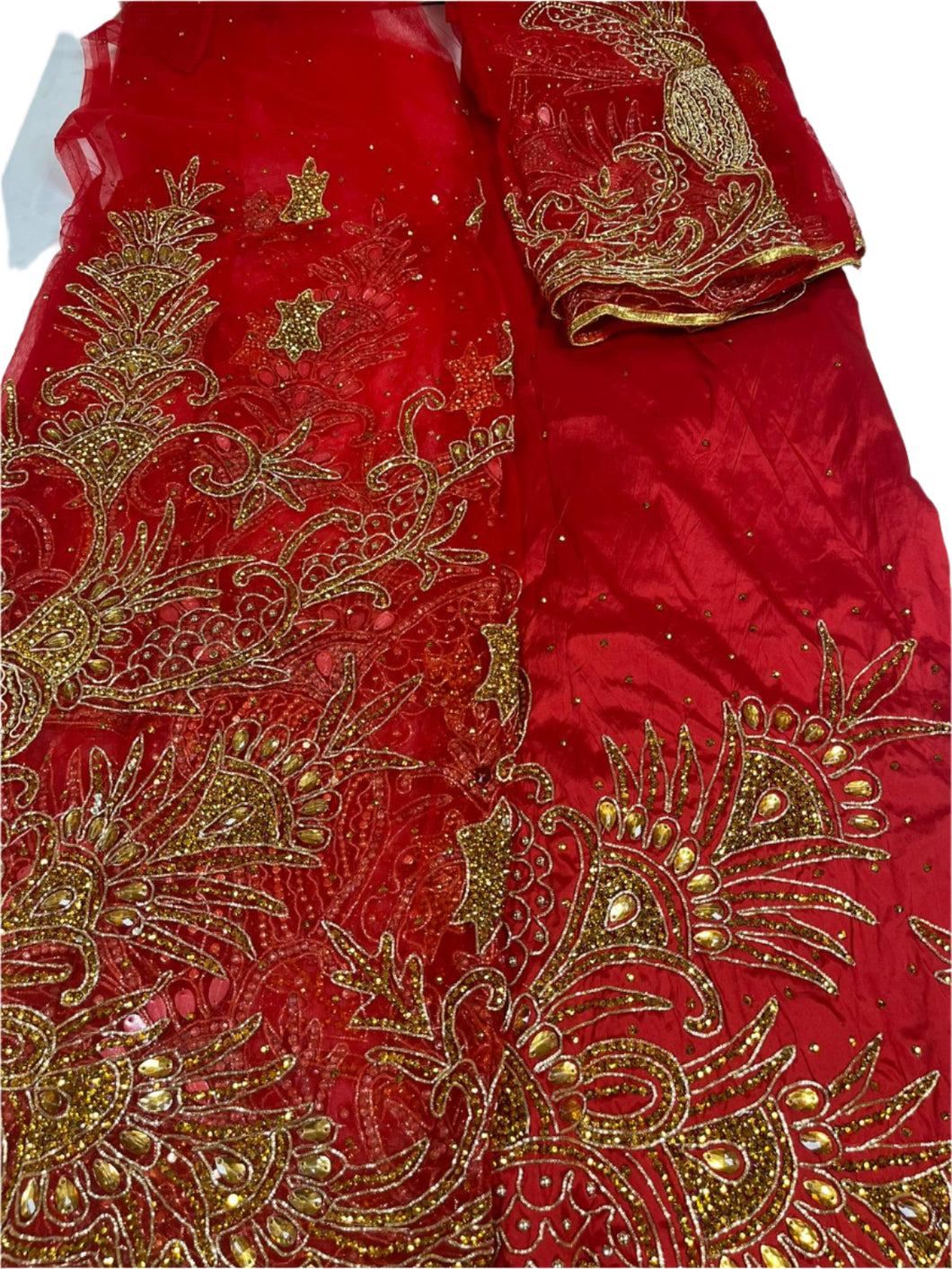 Red Net Beaded George with Blouse Fabric (3 Piece)