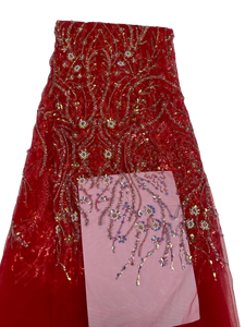 Red Beaded Bridal French Lace - 5 Yards