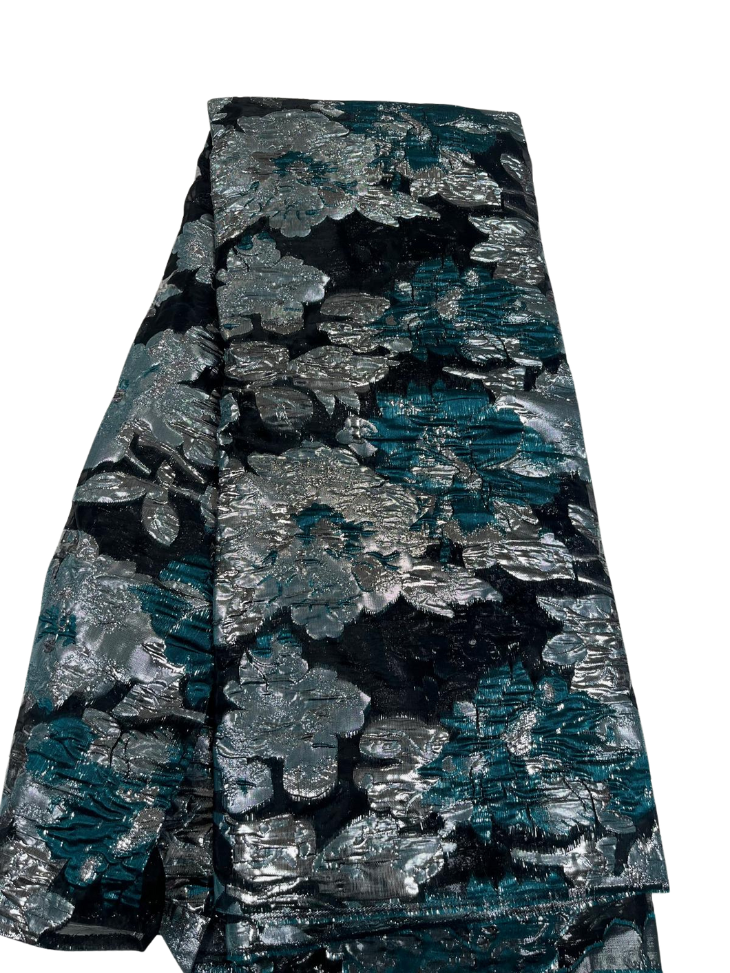 Teal Green, Black and Silver Jacquard Brocade Lace - 5 Yards