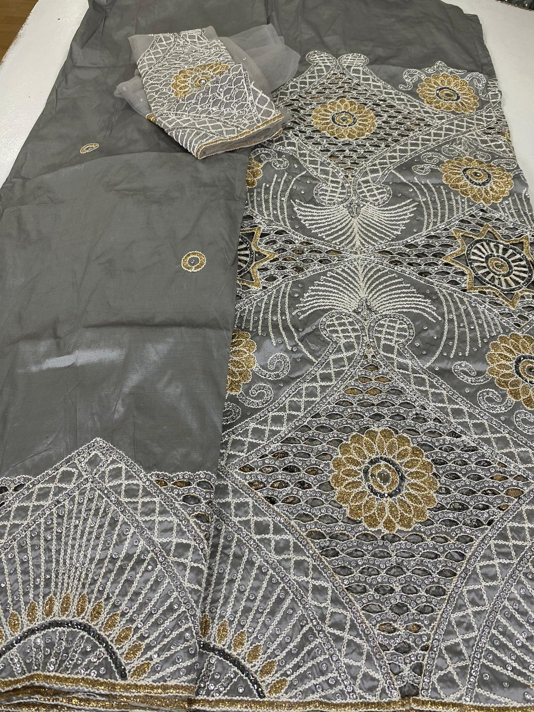 Grey and Gold Full Body Works George (3 Pieces) with Blouse Fabric