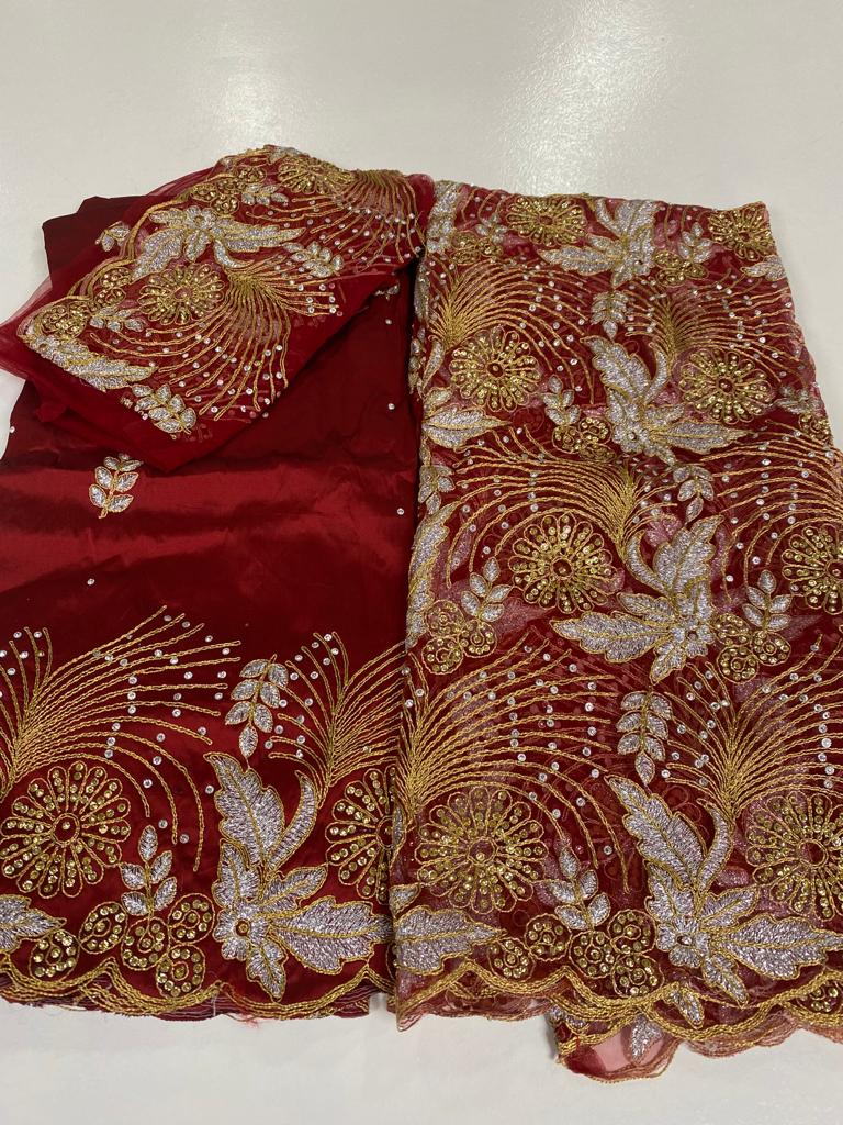 Net George Style Wine George Net George with Blouse Fabric (3 Pieces) – Rose African Fabrics