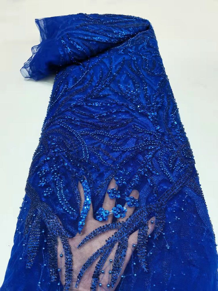 Royal Blue Beaded French Lace - 5 Yards