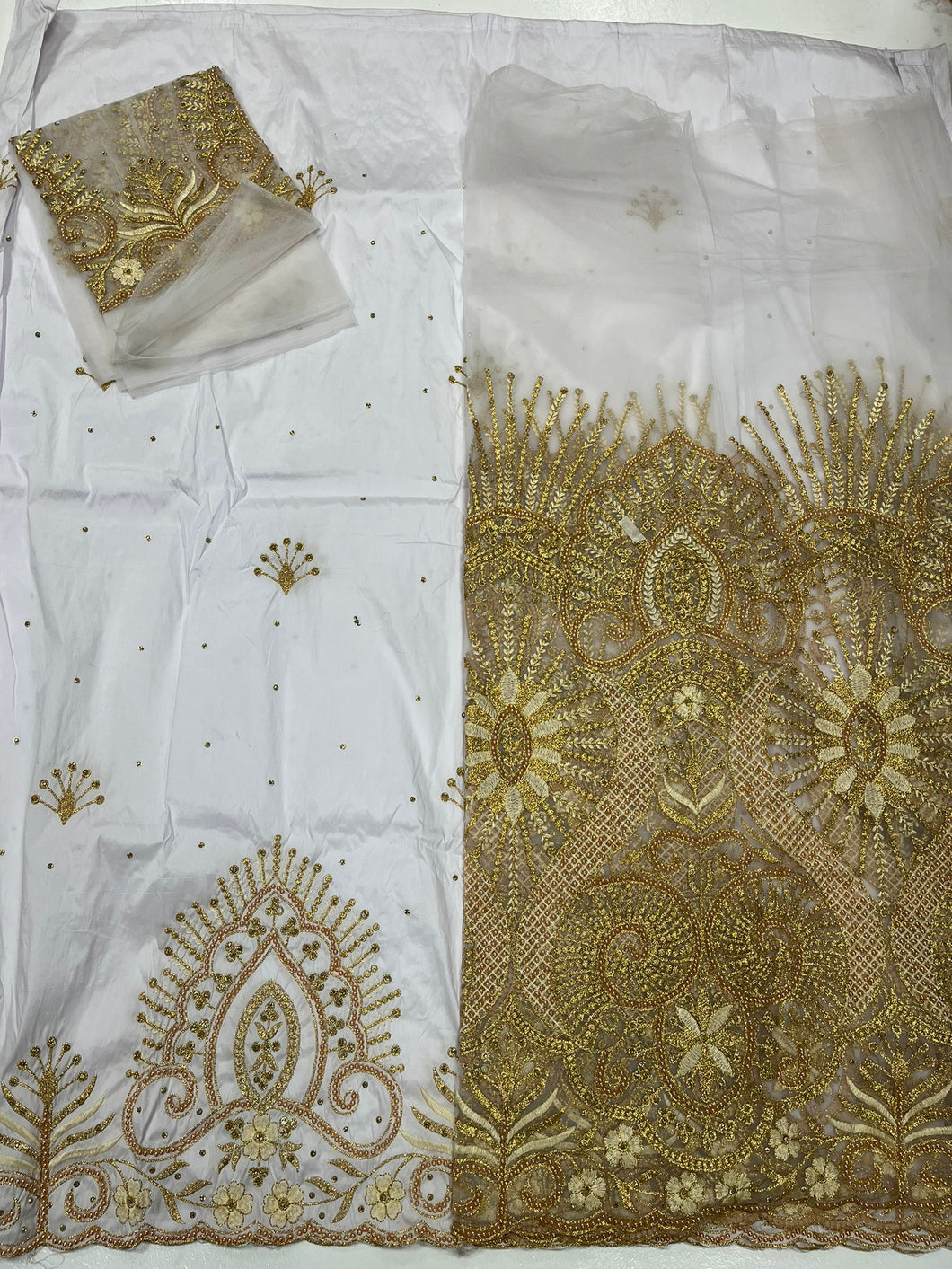 White and Gold Net George with Blouse Fabric (3 Pieces)