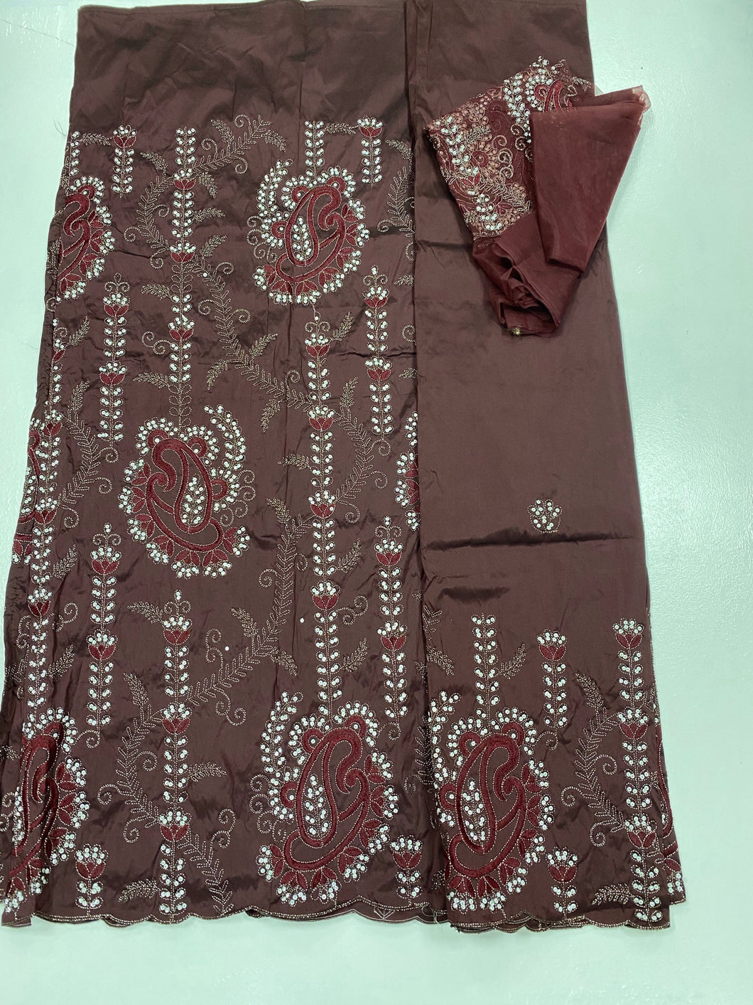 Brown and Silver Full Body Works George (3 Pieces) with Blouse Fabric