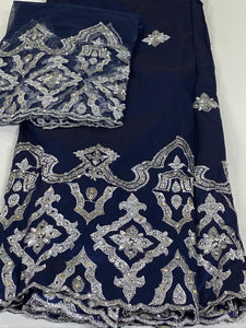 Navy Blue / Silver Stones with Blouse Fabric