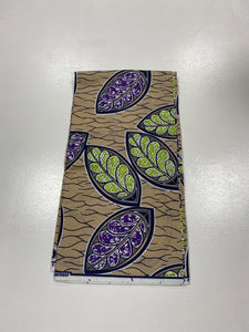 Brown with Lime Green and Purple leaves Ankara Print - 6 Yards